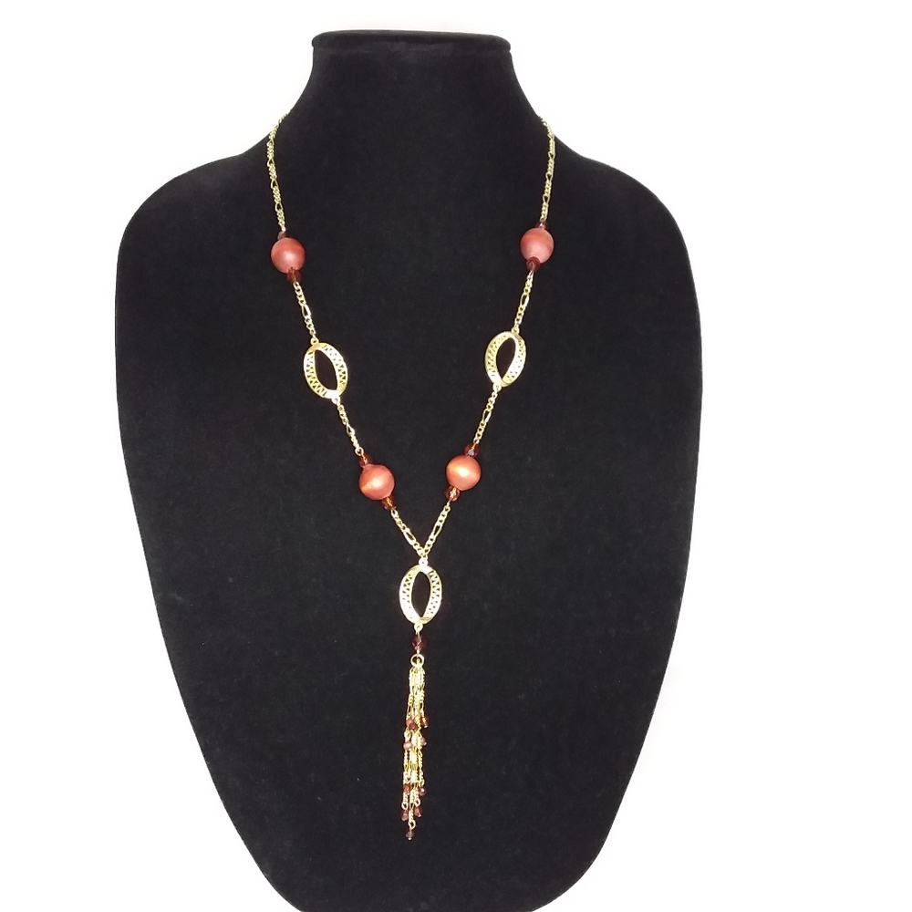 Necklace Gold Tone Wooden Beads Multi Dangles